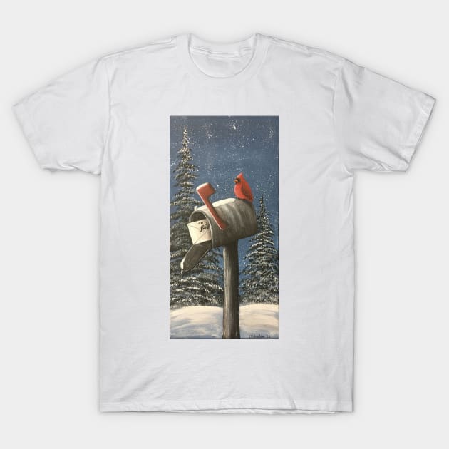 Cardinal on a Mailbox with Christmas Letter to Santa T-Shirt by SistersInArtN